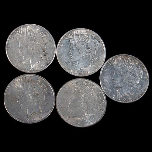 Five (5) $1 Peace Silver Dollar Coins (2) 1922, (1) 1923, (1) 1925, (1) 1926