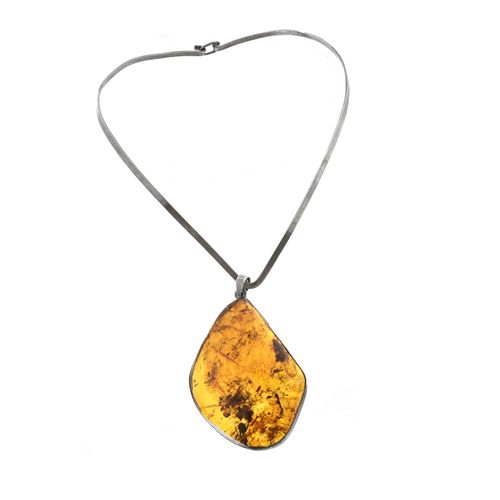 Vintage Sterling Necklace with Amber Pendant
