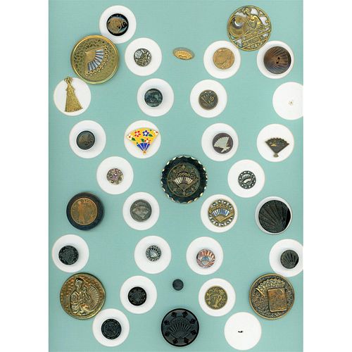 A Full Card Of Assorted Material Pictorial Fan Buttons