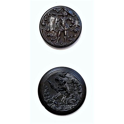Two Division 1 Black Dyed Molded Horn Pictorial Buttons