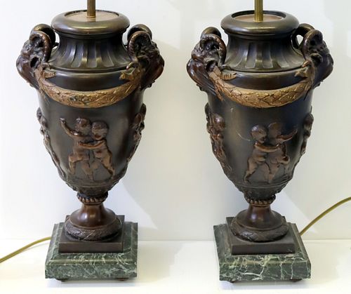 Pair Of Patinated Bronze Urn Form Lamps.