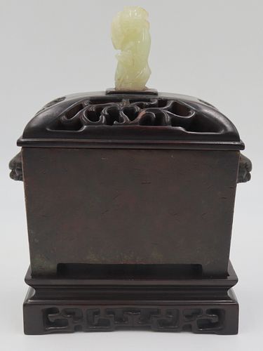 Chinese Bronze Censer with Carved Jade Finial.