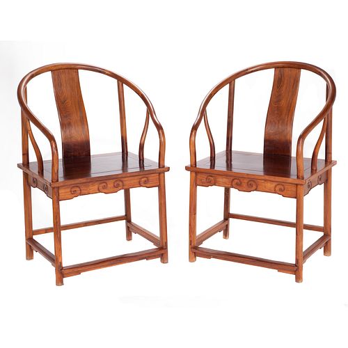 Pair of Huanghuali Horseshoe-Back Armchairs, Late 20th C.