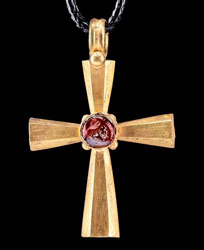 6th C. Byzantine Gold Cross Pendant Garnet Cabochon