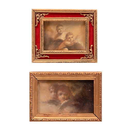 Lote de 2 obras. Anónimos. Amorcillos. Fragmentos de pintura al óleo. Enmarcados. Detalles de conservación. 11 x 16 cm (mayor).