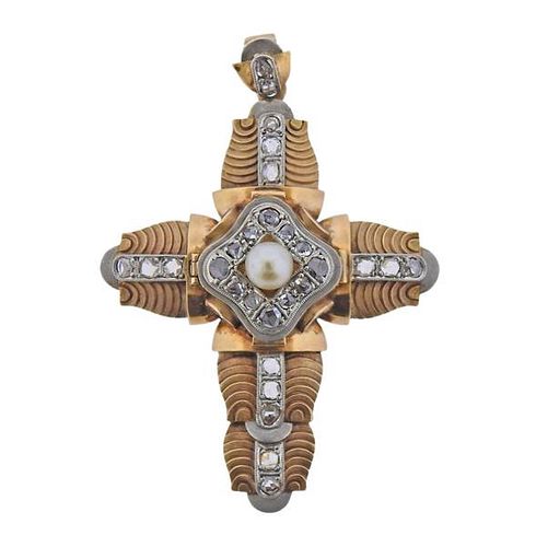 Antique 18K Gold Platinum Diamond Pearl Cross Locket Pendant