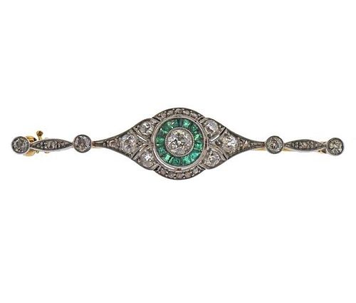 18K Gold Platinum Diamond Emerald Brooch Pin