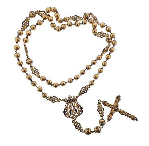 Antique 18K Gold Enamel Pearl Rosary Necklace 