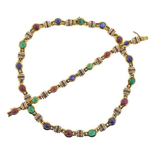18K Gold Diamond Ruby Sapphire Emerald Bracelet Necklace Set