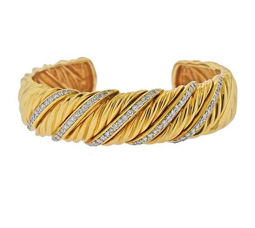 David Yurman 18K Gold Diamond Cable Cuff Bracelet