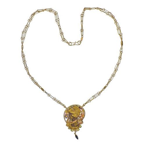 18K Gold Diamond Sapphire Enamel Plique A Jour Necklace Pendant