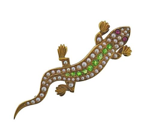 Antique 18K Gold Pearl Tsavorite Ruby Lizard Brooch Pin