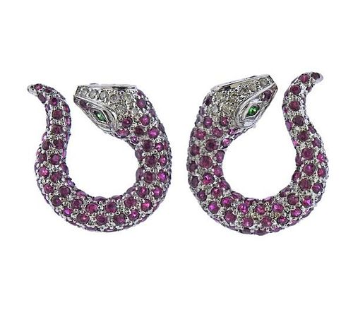 18K Gold Diamond Ruby Tsavorite Snake Earrings 
