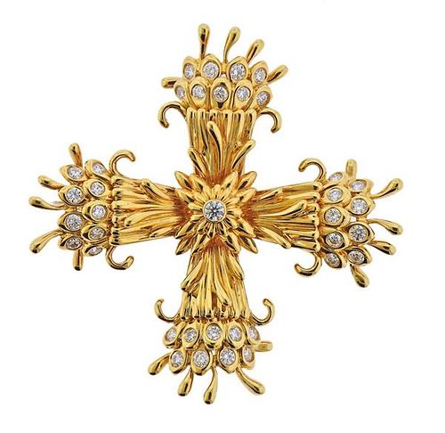 Tiffany &amp; Co Schlumberger 18k Gold Diamond Maltese Cross Brooch Pendant