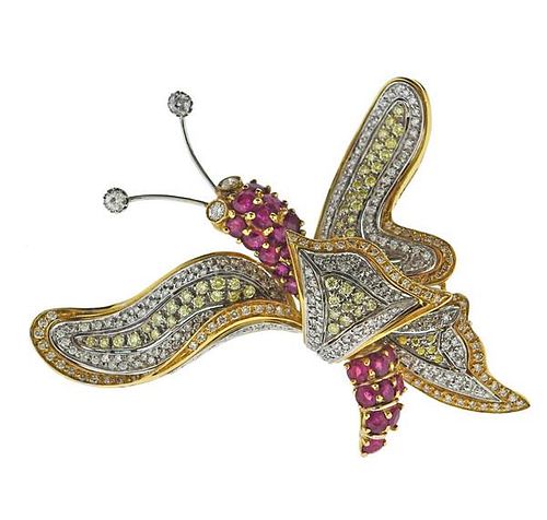 18K Two Tone Gold 4.33ctw Diamond Ruby Butterfly Brooch Pin
