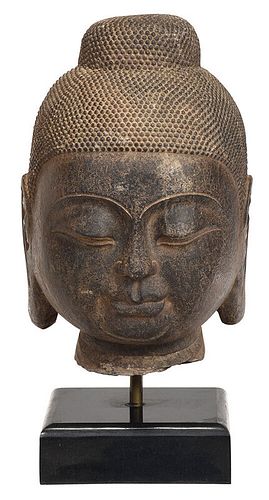 Carved Stone Buddha Head Mounted on Marble Base