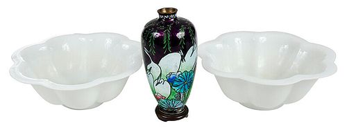 Pair Peking Glass Bowls and Cloisonne Vase