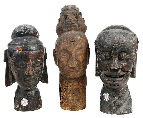 Three Asian Carved Wood Puppet Heads