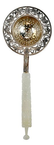 Chinese Silver Tea Strainer with Jade Handle