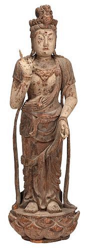 Carved Wooden Statue of a Standing Guanyin
