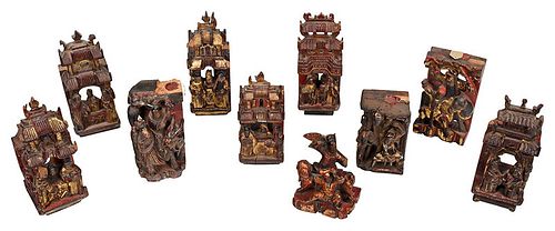 Ten Gilt and Lacquered Temple Carvings