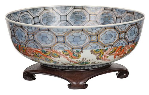 Japanese Imari Punch Bowl With Wooden Stand