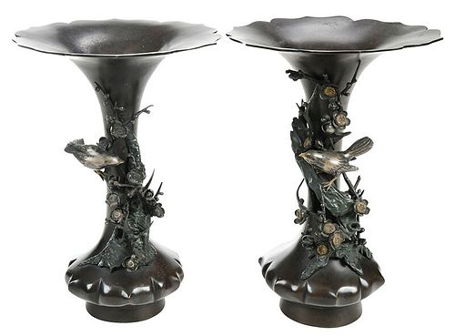Pair Japanese Bronze Trumpet Form Vases
