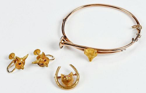 Three Pieces Gold Fox Hunt Themed Jewelry