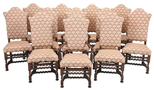 Set Twelve Jacobean Style Upholstered Dining Chairs