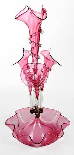 A Victorian Cranberry Pink Glass Epergne