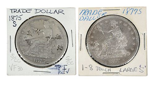 Two Chopmarked Trade Dollars