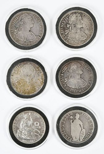 Six Spanish Colonial Silver Coins