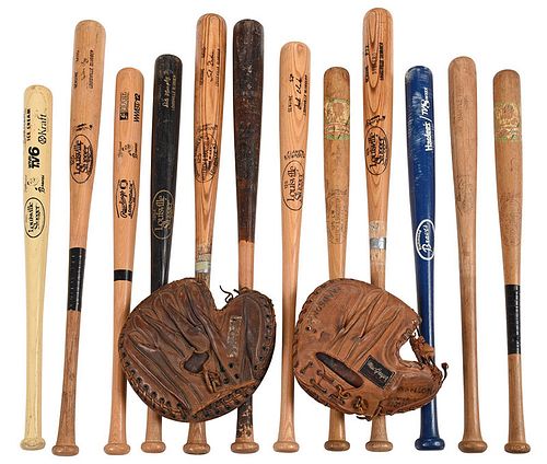 12 Assorted Wooden Baseball Bats and Two Gloves 