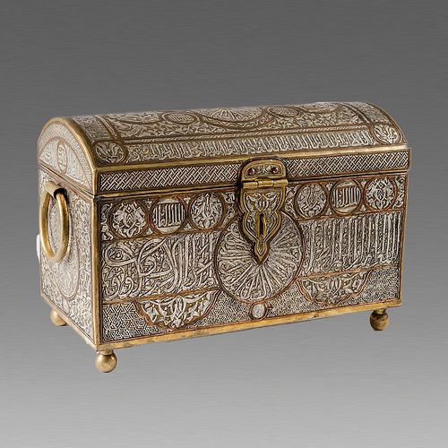 Middle Eastern Mamluk Revival Silver Inlaid Brass Box. 