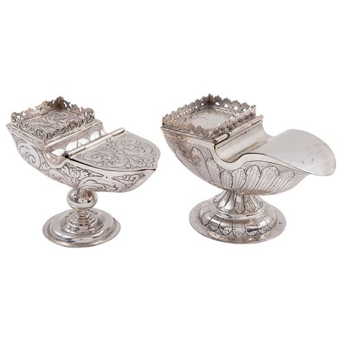 Pair of Incense Boats, Mexico, Ca. 1900, Silver, Decorated with geometric motifs, rolls, railings.