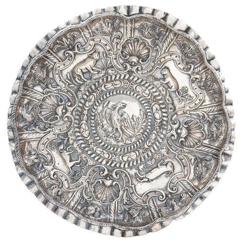 Tray, Mexico (?), 19th century, Silver, Embossed and chiseled tray with central image of bird, surrounded by zoomorphic figures