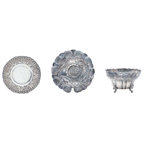 Lot of Plate, Ashtray, and Bowl, Mexico, 20th century, 0.925 Sterling Silver, 3 pieces