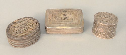 Three Small Silver Boxes to include small silver filigree box, oval with touch marks, small oval box marked 925 with embossed basket...
