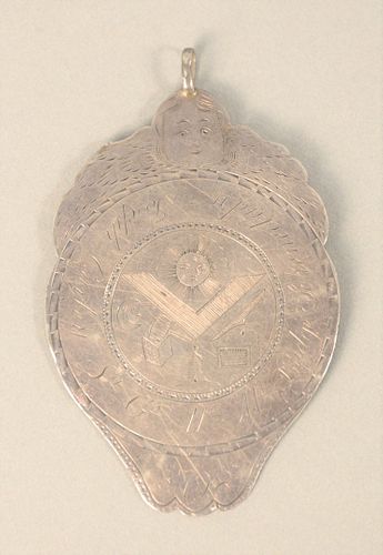 Masonic Silver Pendant having engraving "Joseph Cartey....Lodge Schenectady", around Masonic symbol, marked on verso "Virtue Shall C...