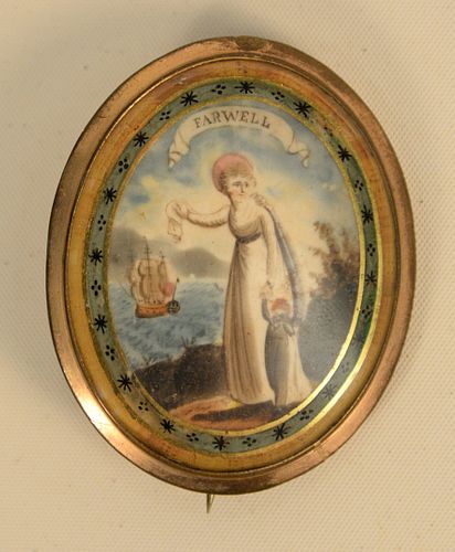 Memorial Pin of lady and child crying while waving farewell with ship in background, having two lockets of hair in back. 
1 5/8" x 2...
