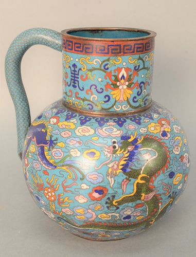 Chinese Cloisonne Pitcher with dragon and fish scale style handle. height 11 inches.
Provenance: From the Robert Circiello Collectio...