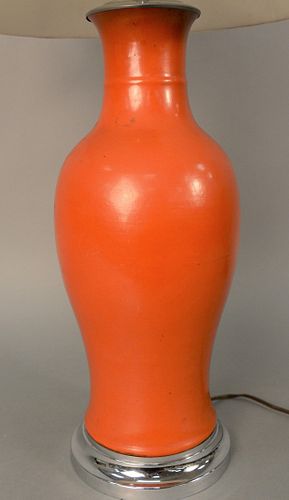 Chinese Meiping Porcelain Vase, coral red glaze in Meiping form made into a table lamp. height of vase: 16 3/4 inches.