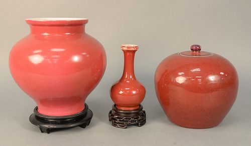 Three-piece Chinese Porcelain Lot to include Chinese rose glazed vase having bulbous form, bottom having red seal mark on carved wood stand. height of