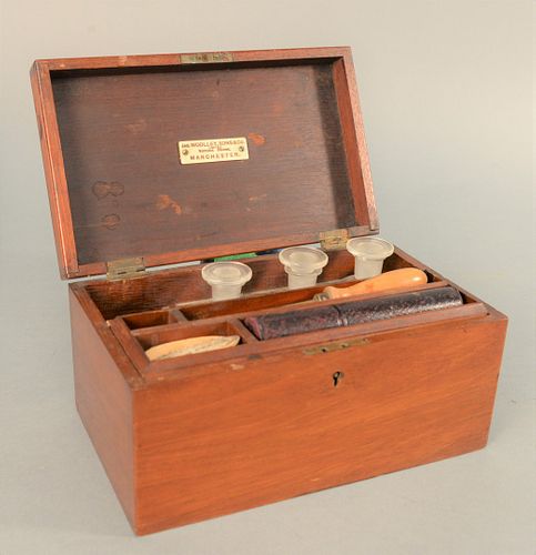 English Mahogany Medical Box having lift-top opening to fitted interior consisting of four bottles and thermometer in silver holder,...