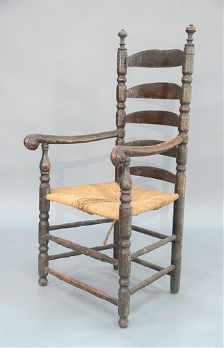 Ladder Back Great Chair with five arch slats supported by turned posts having arms with rams horns on turned supports with turned stretchers in old br