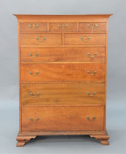 Chippendale Cherry Tall Chest, having large cornice molding over three short drawers over two short drawers over four drawers all se...