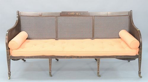 George III Paint Decorated Bench, back with painted flowers, three caned panels and panel sides over custom cushion seat with two bo...