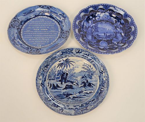 Group of Three Historical Blue Staffordshire Plates, to include The Grand Erie Canal, New York, inscription plate; Clews States plat...