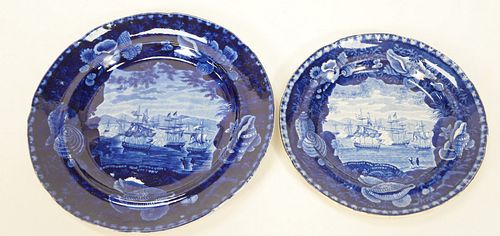 Two Historical Blue Staffordshire Plates, both Commodore Macdonough's Victory plates in two different sizes with shell border and be...