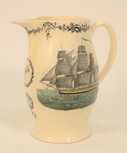 Liverpool Transferware Pitcher, 18th - 19th century, hand-colored scene depicting a ship and a scene with classical figures, and eag...